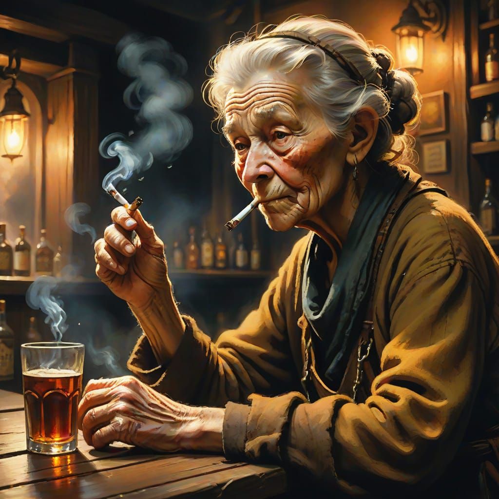 Old Woman in Bar: Rembrandt-Inspired Digital Painting