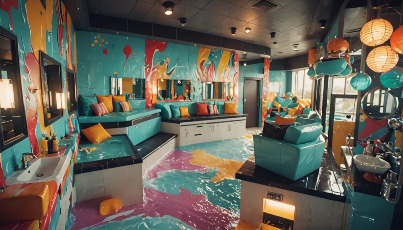 Extreme Waterpark Bathroom Concept Art in Vivid Digital Styl...