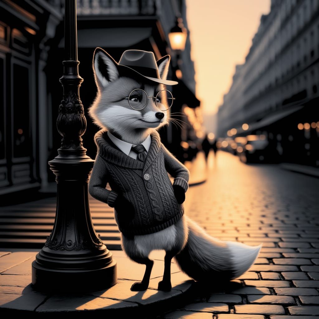 Intelligent Fox in Parisian Street Scene Sketch