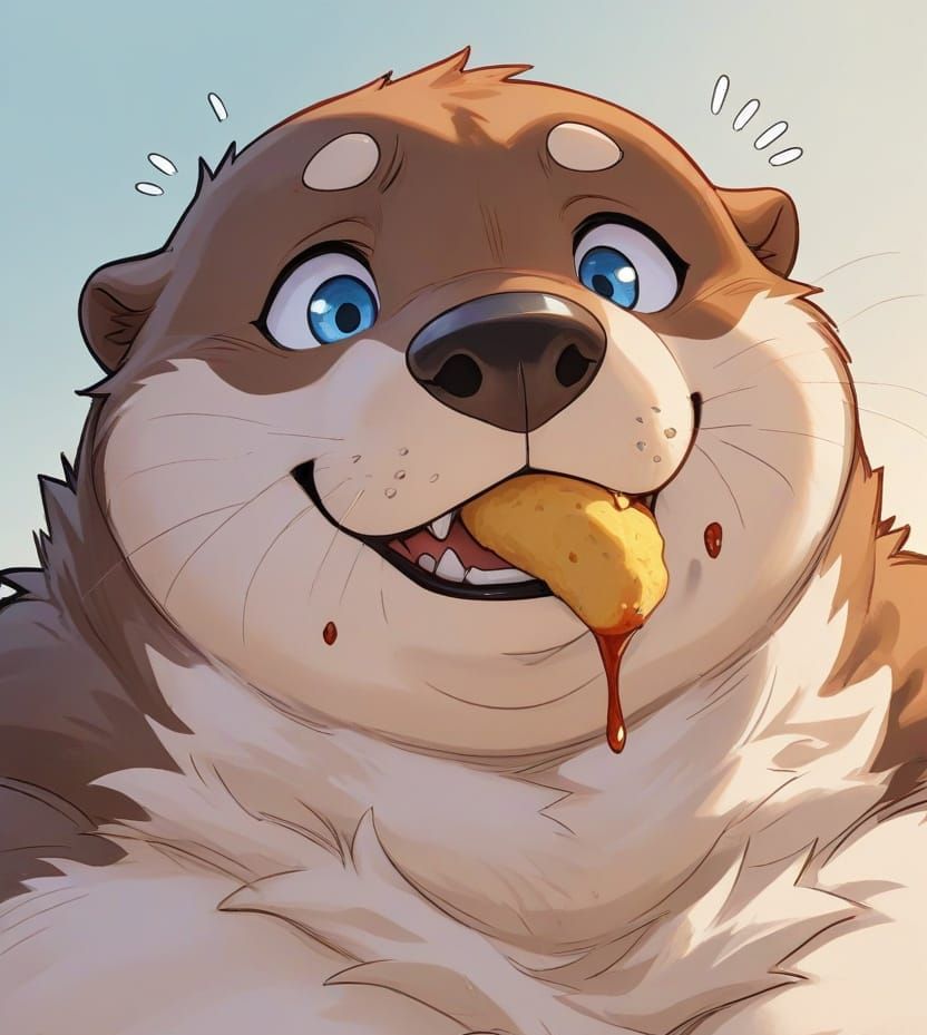Obese Otter Portrait Eating Chicken Nuggets