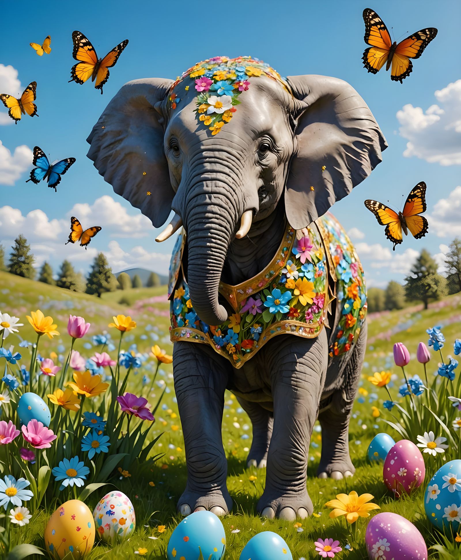 Vibrant Easter Elephant in a Colorful Meadow