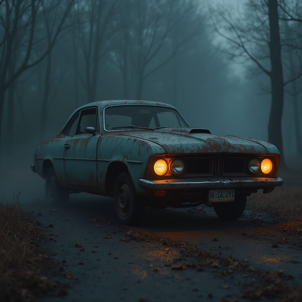 Realistic Car Spewing Fire in Apocalyptic Setting