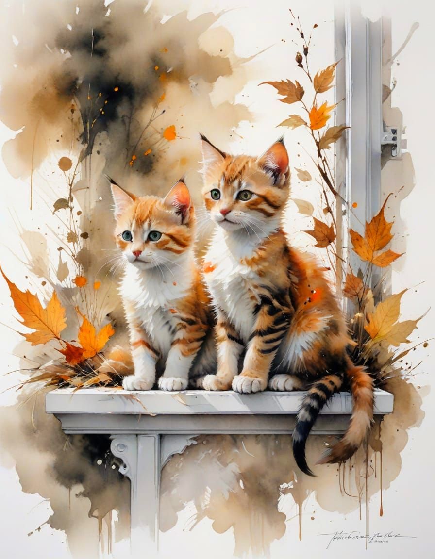 Kittens on Windowsill in Expressive Watercolour Style