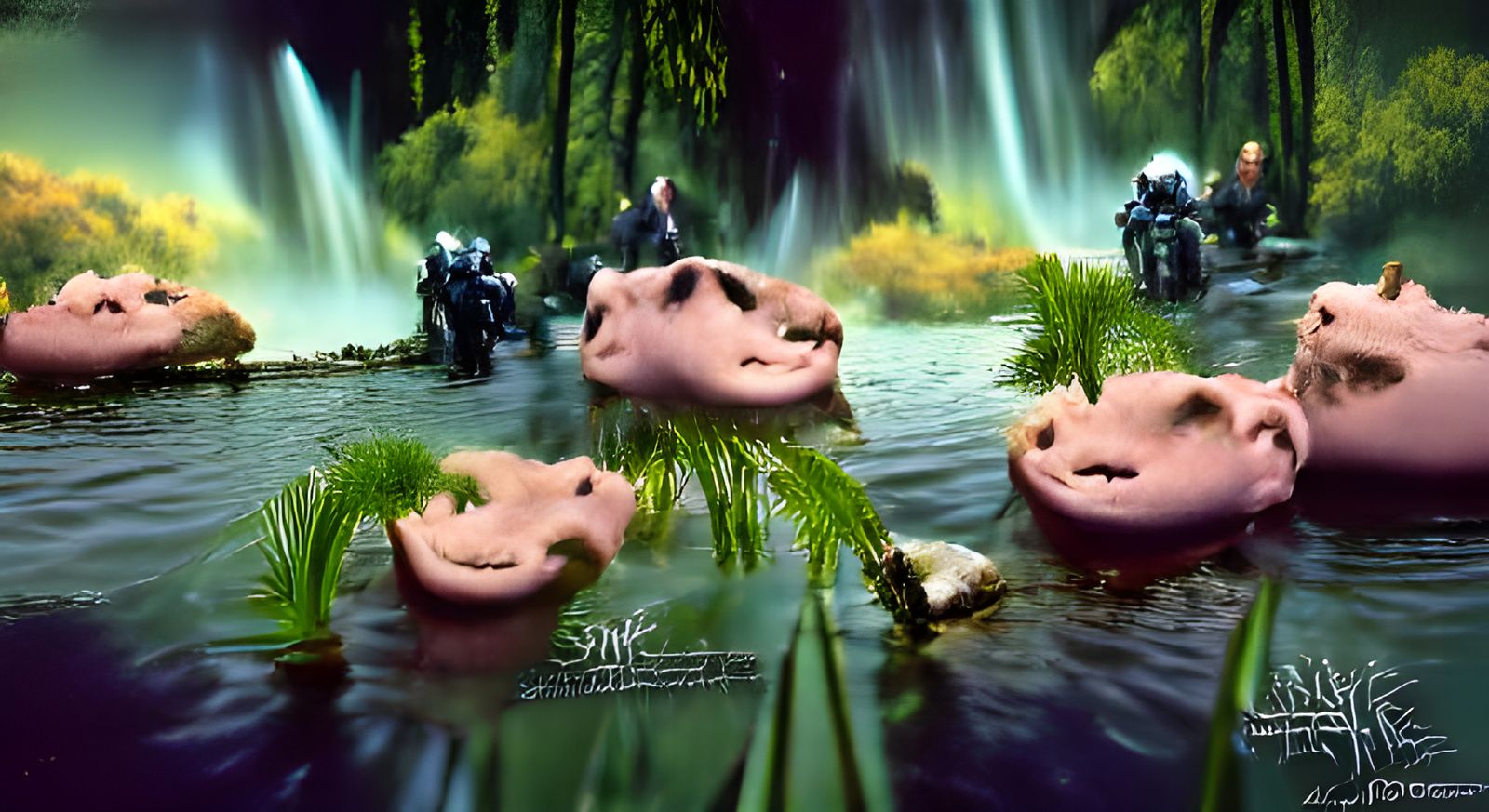 Smiling Pigs in Limestone Pond: A Matte Painting