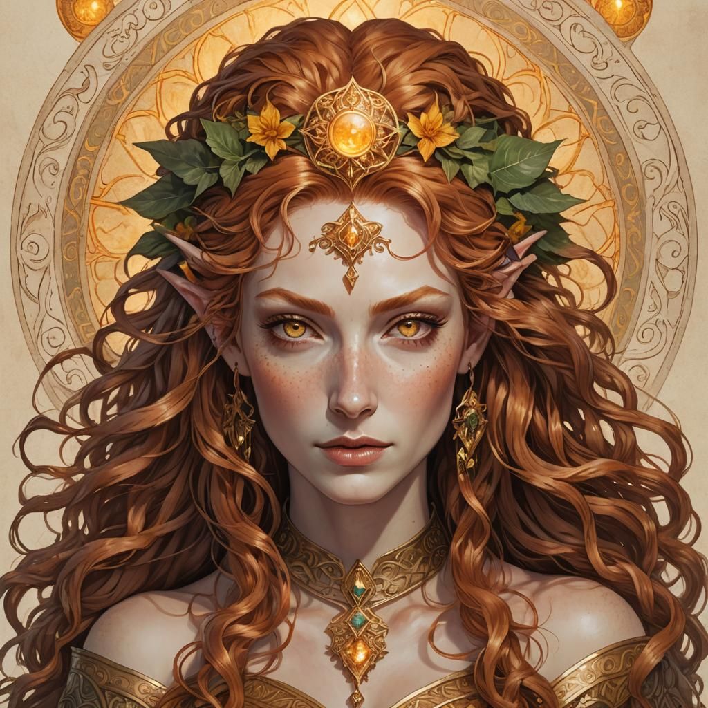 Golden-Eyed Redhead Elf with Sun Tattoo