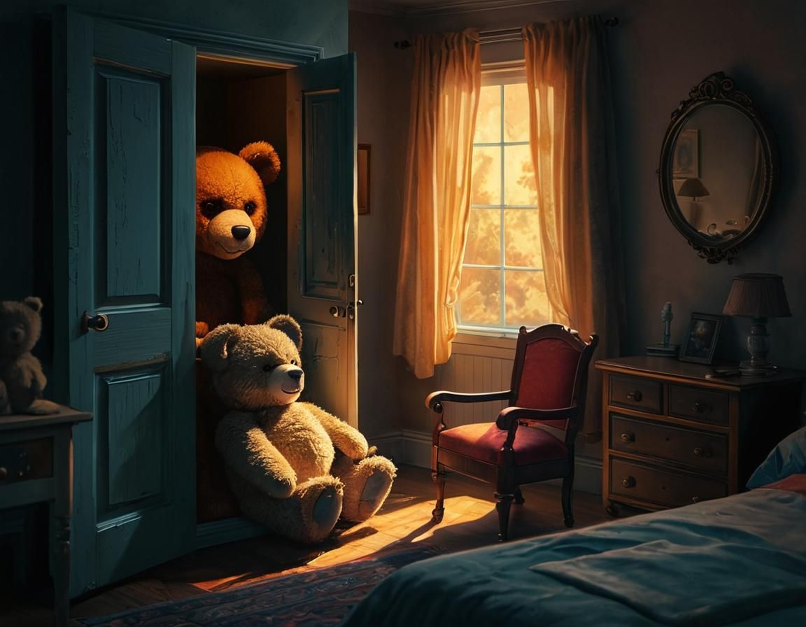 Eerie Teddy Bear in a 70s Bedroom
