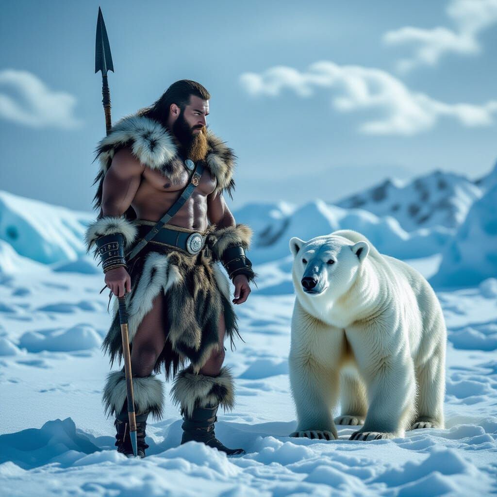 Rugged Hunter with Polar Bear in Icy Mauritian Landscape