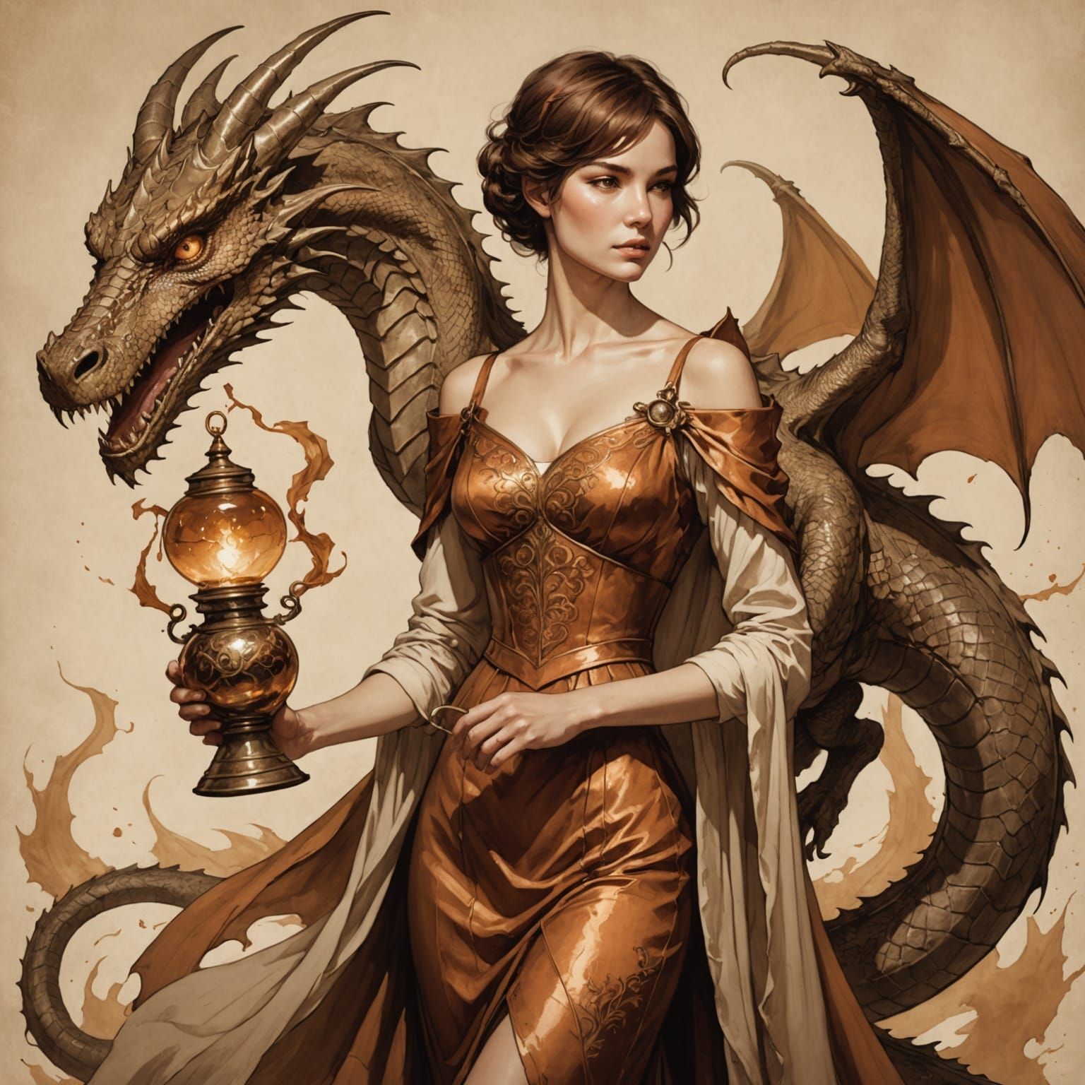Woman and Copper Dragon in Sepia Ink Style