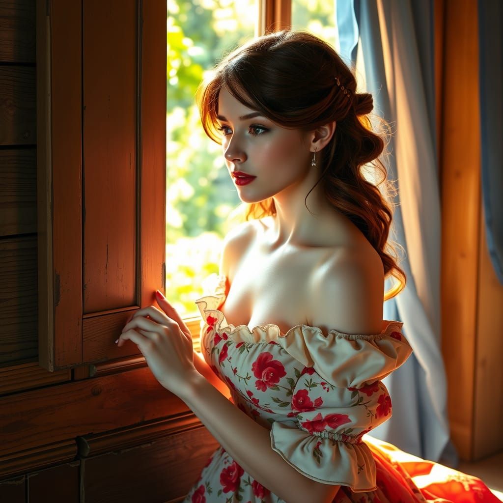 Elegant Young Woman Lost in Thought by a Vintage Window