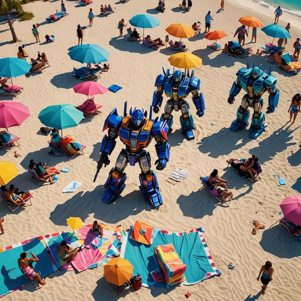 Transformers Sunbathing on Miami Beach: Digital Art