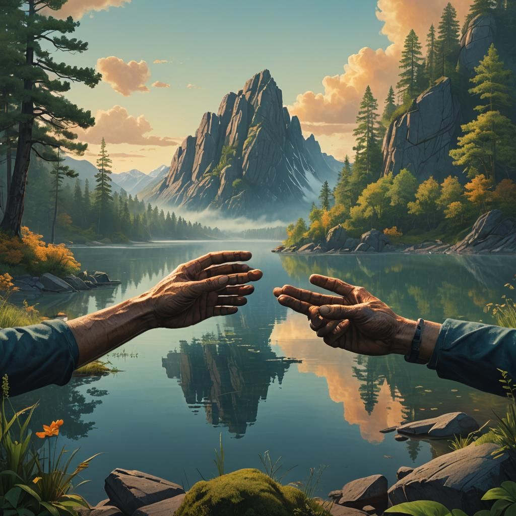 Stone Hands Hold Mountain Above Lake: Digital Matte Painting