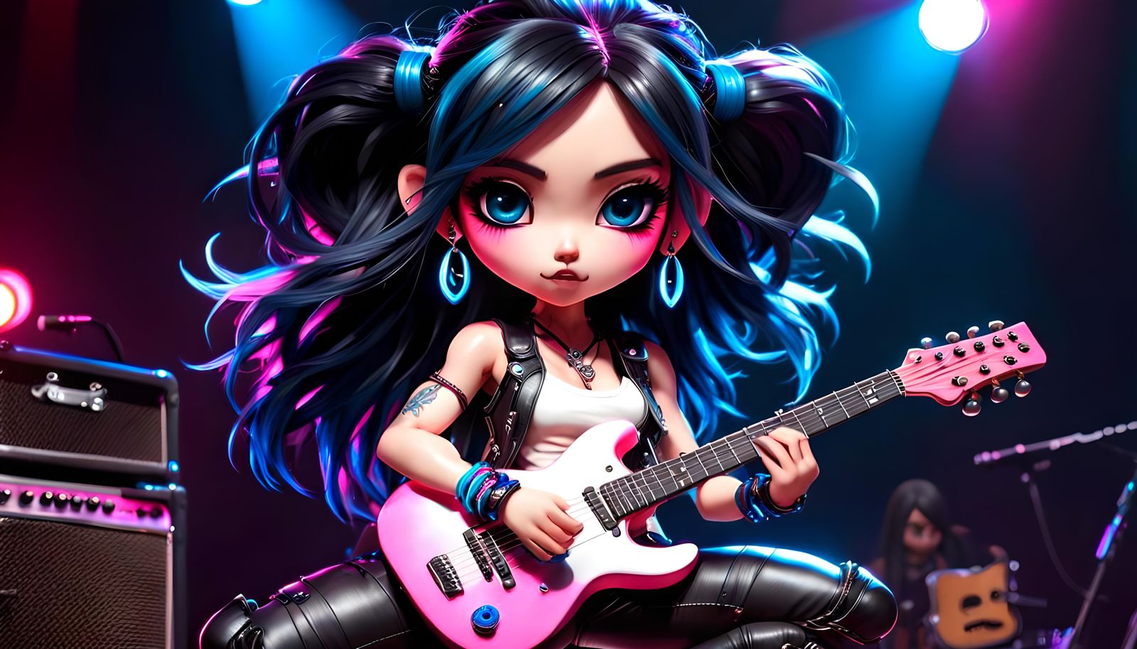 Hyper-Realistic Chibi Girl Rocking Guitar on Stage