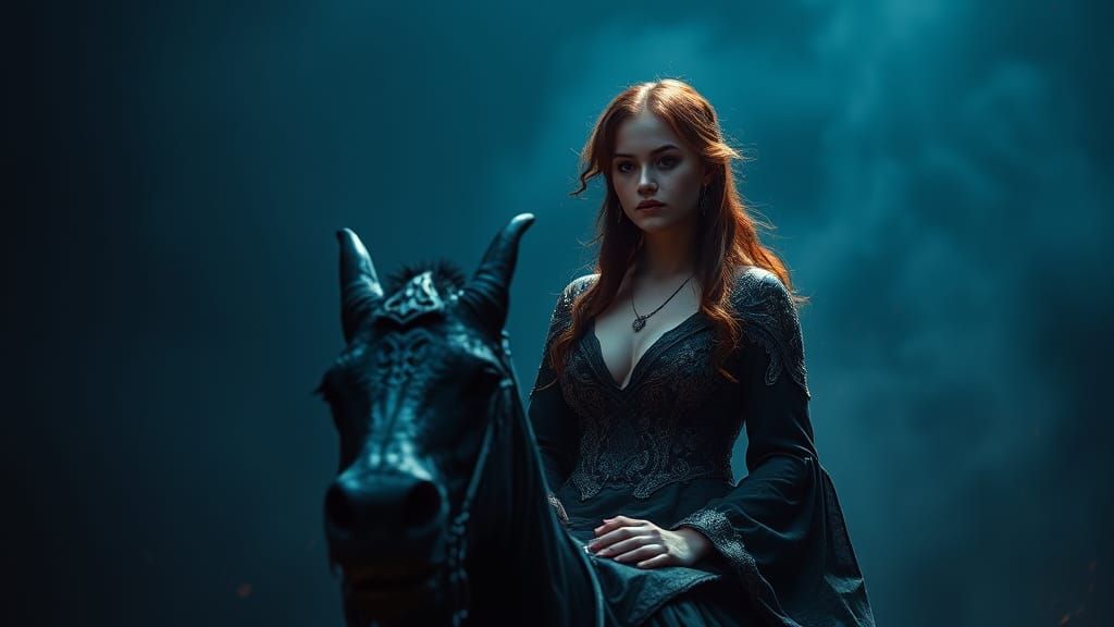 Woman on Dragon with Blue Fire