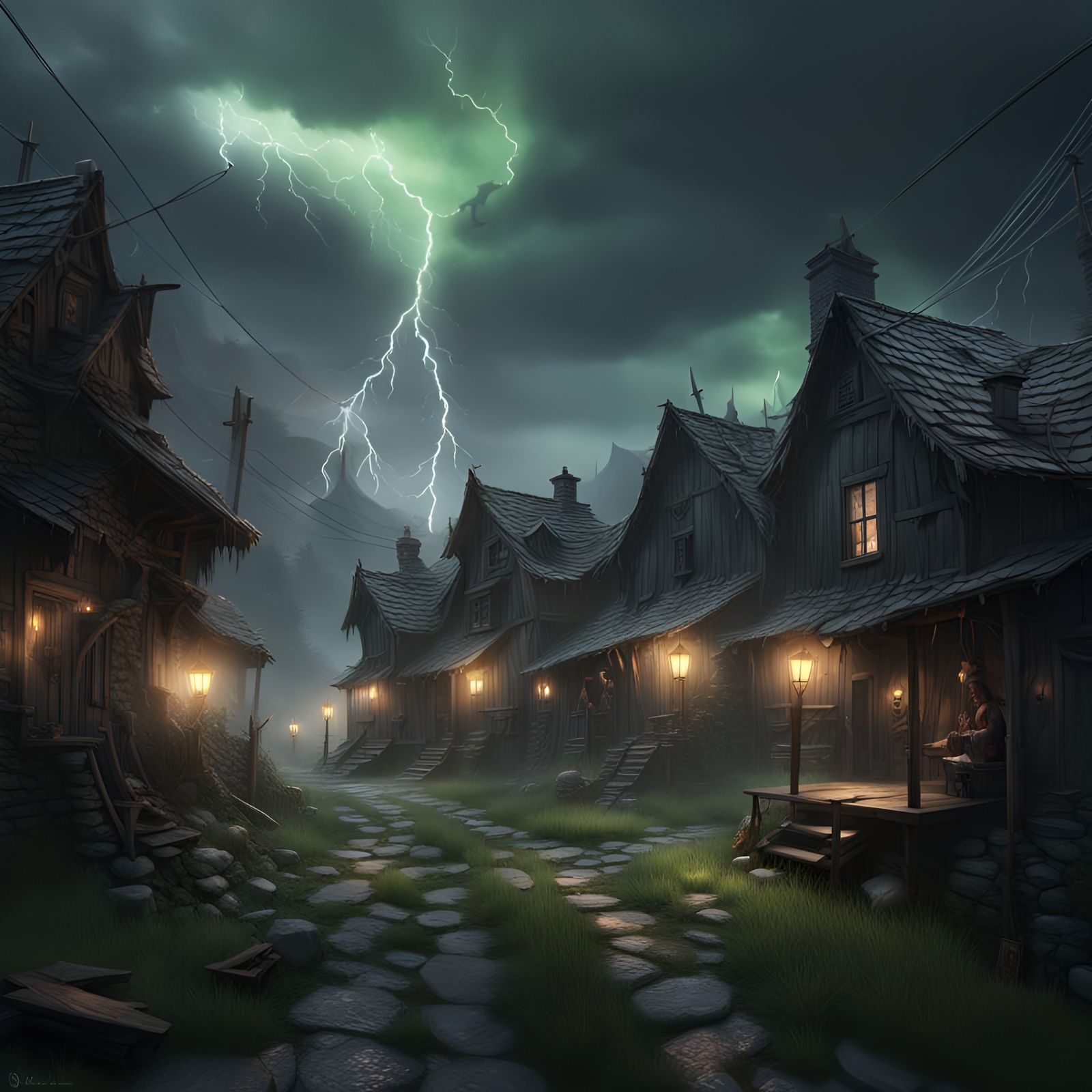 Haunted Village with Ghostly Green Energy in Hyperrealism