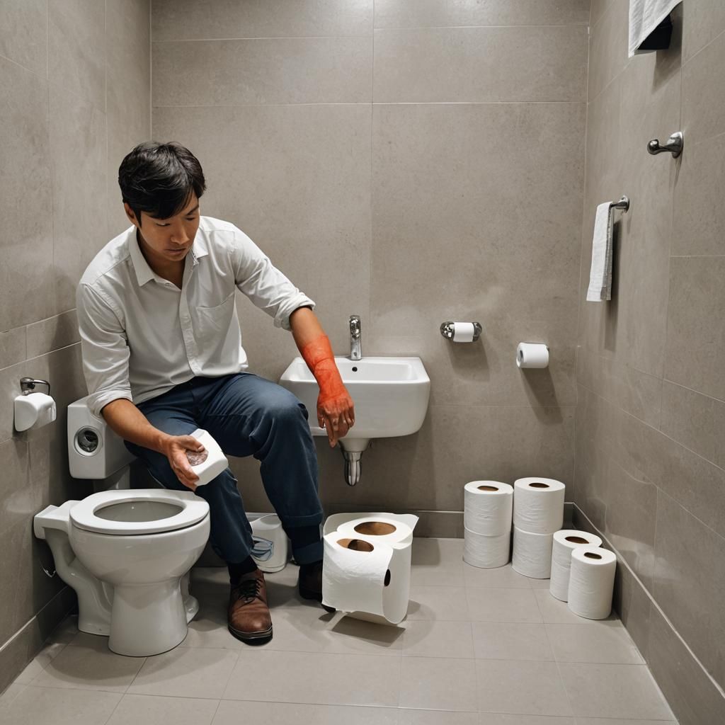 Man on Toilet with Empty Paper Roll