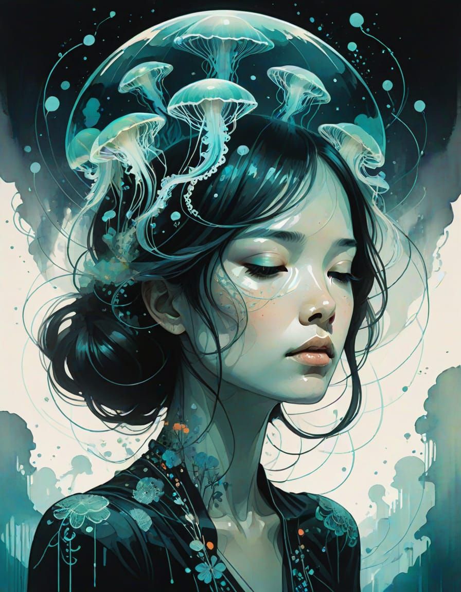 Bioluminescent Jellyfish Double Exposure in Watercolor Style