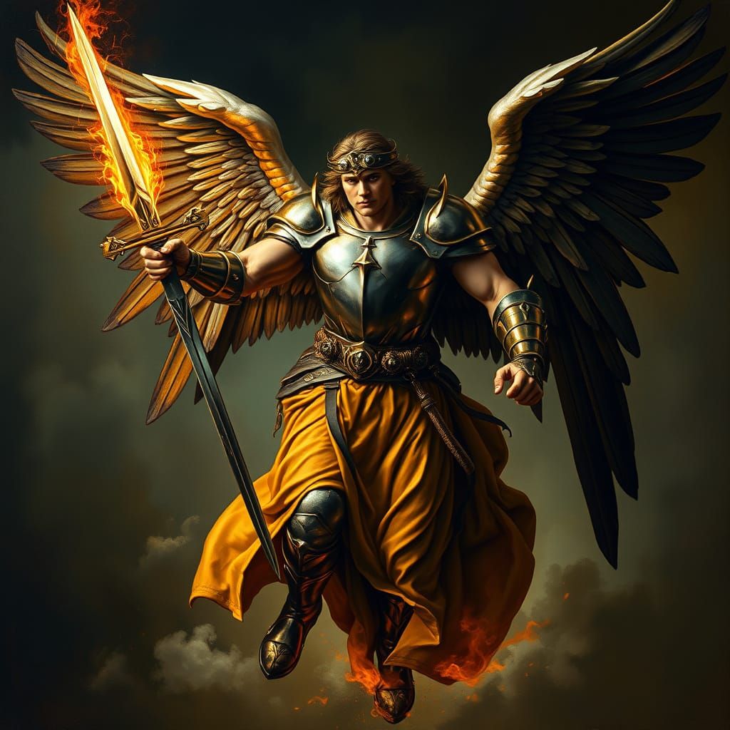 Renaissance Angel Descends with Flaming Sword