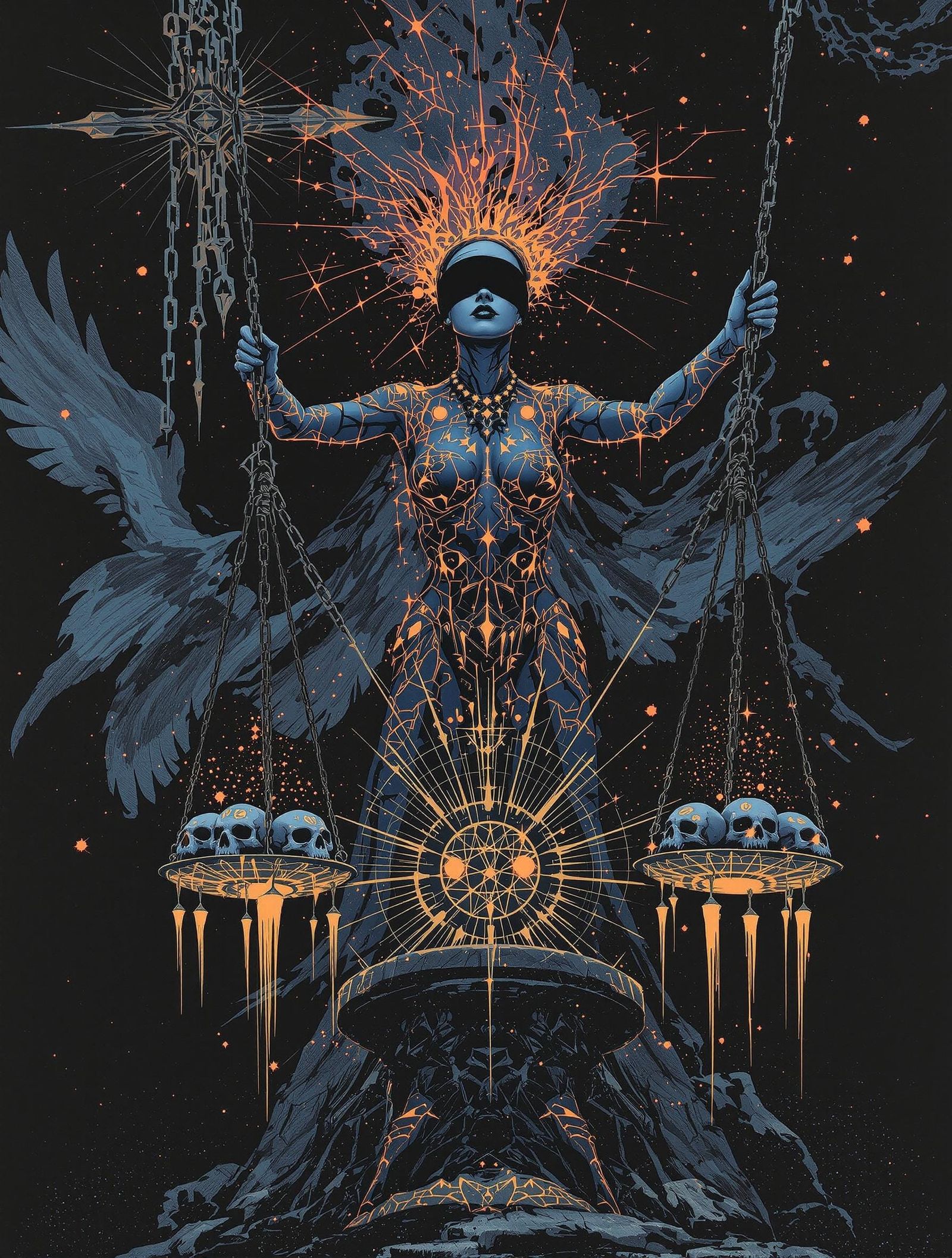 Blindfolded Goddess of Justice in Radio-Luminescent Etching