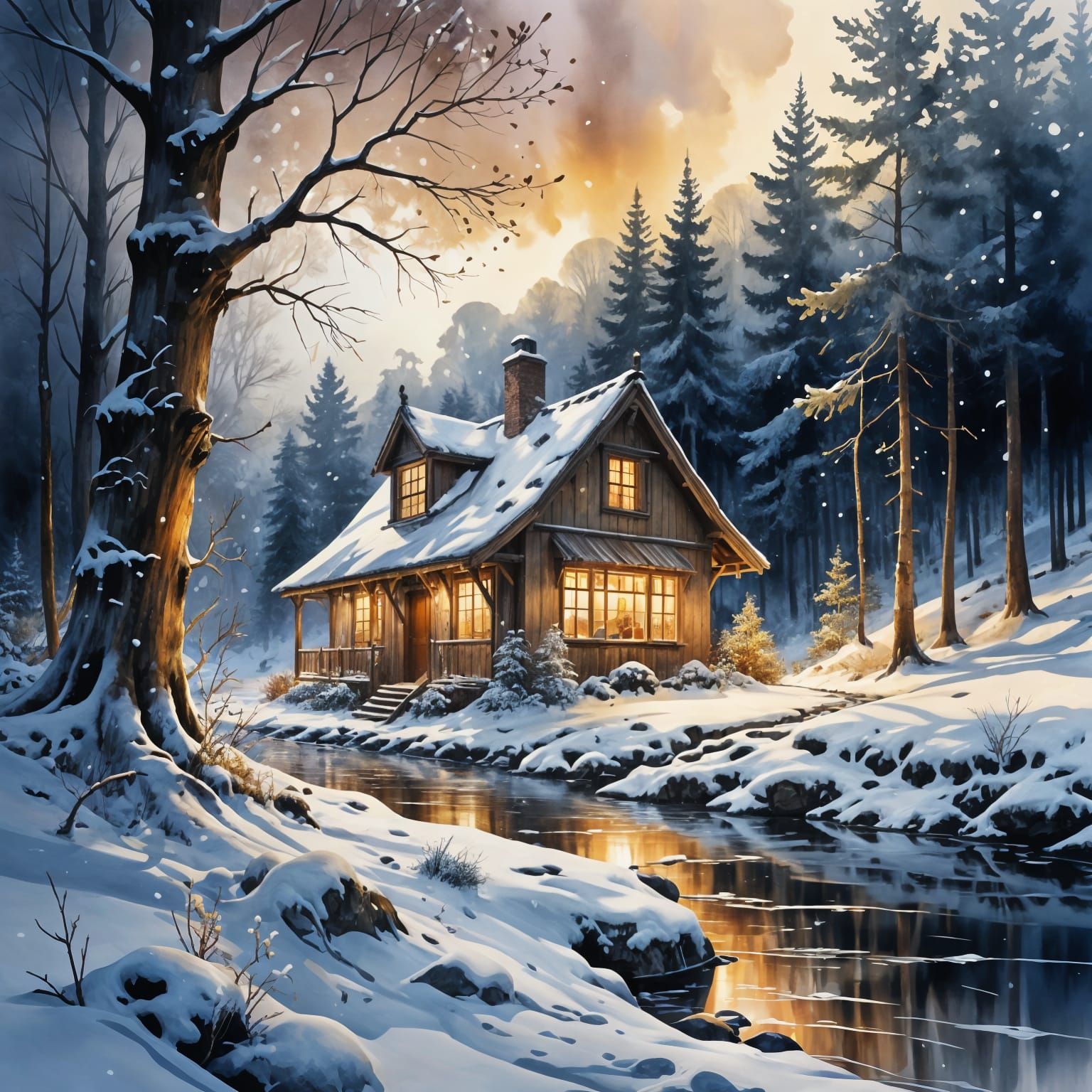 Winter Cottage in Vibrant Watercolour