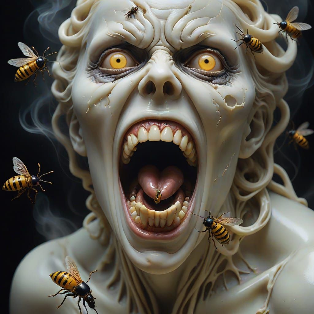 Surreal Porcelain Woman with Insects: Macabre Oil Painting