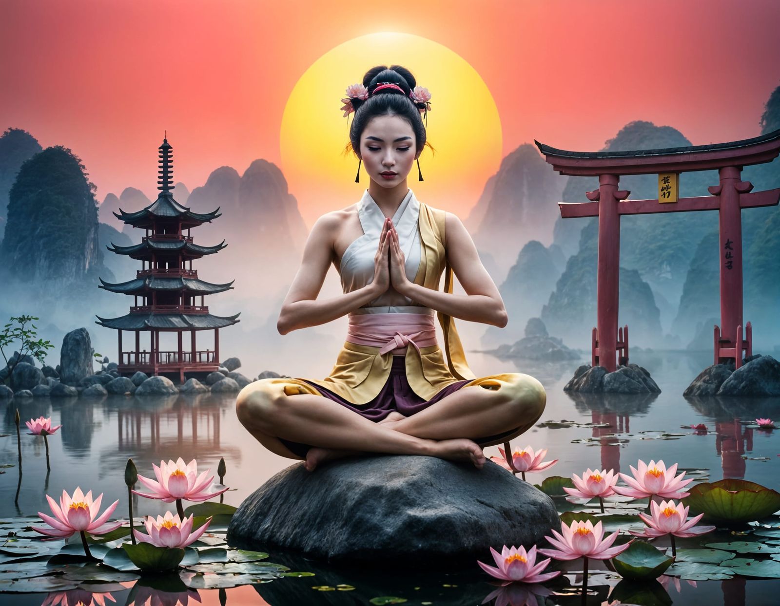 Geisha Yoga at Pink Dawn with Halong Bay Mountains