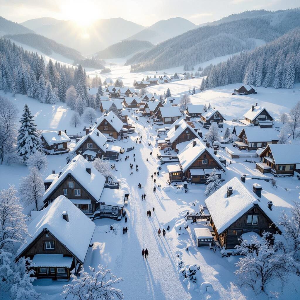 Birds Eye View Of Snowy Village In Cinematic Style
