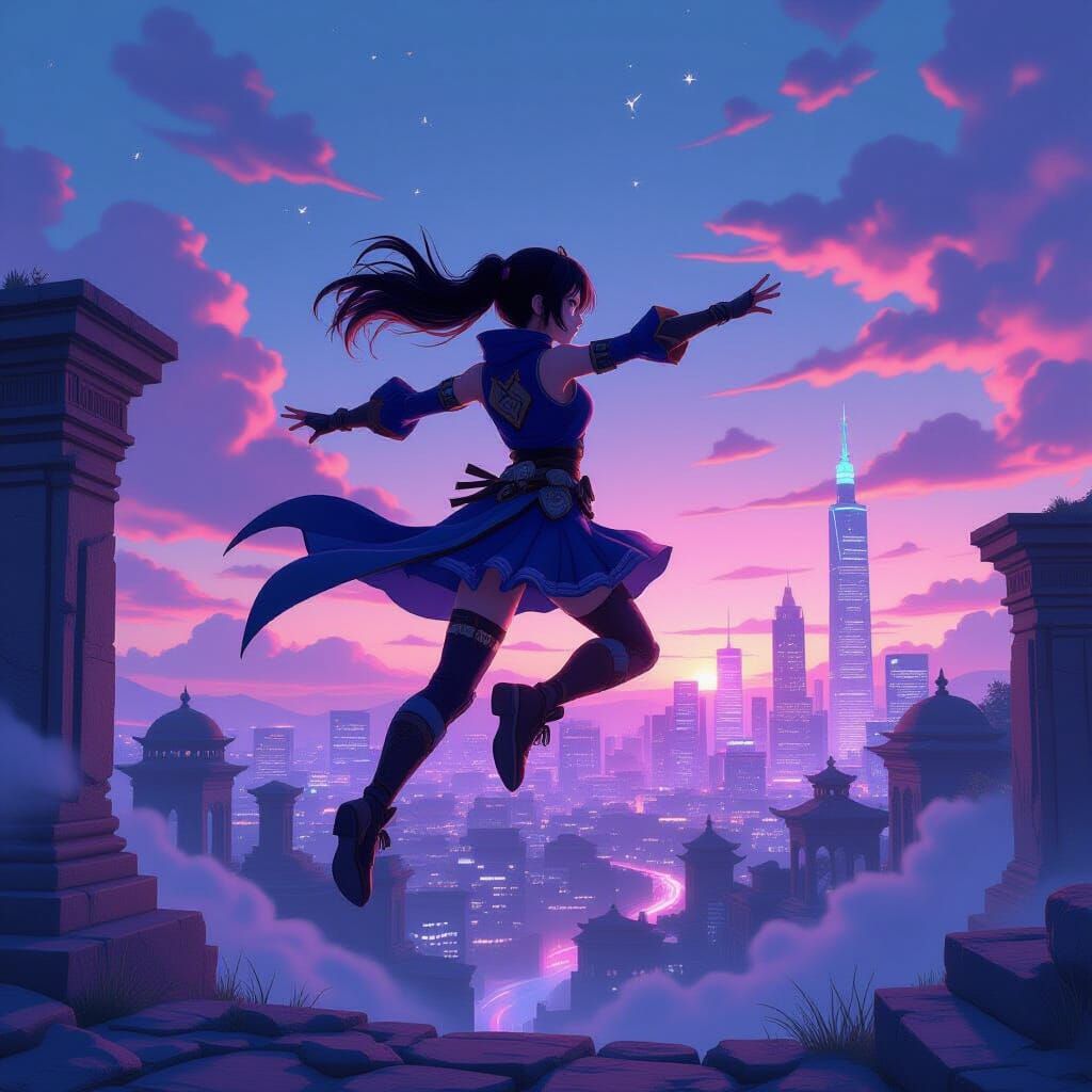 Anime Character Leaps Between Ruins and Neon Skyline
