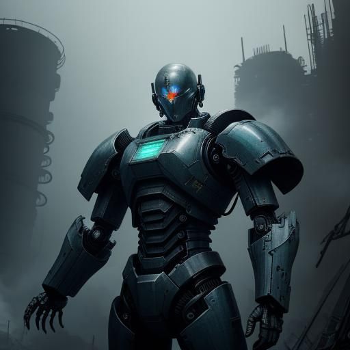 Armored Warrior in Industrial Hellscape: Manga Sci-Fi