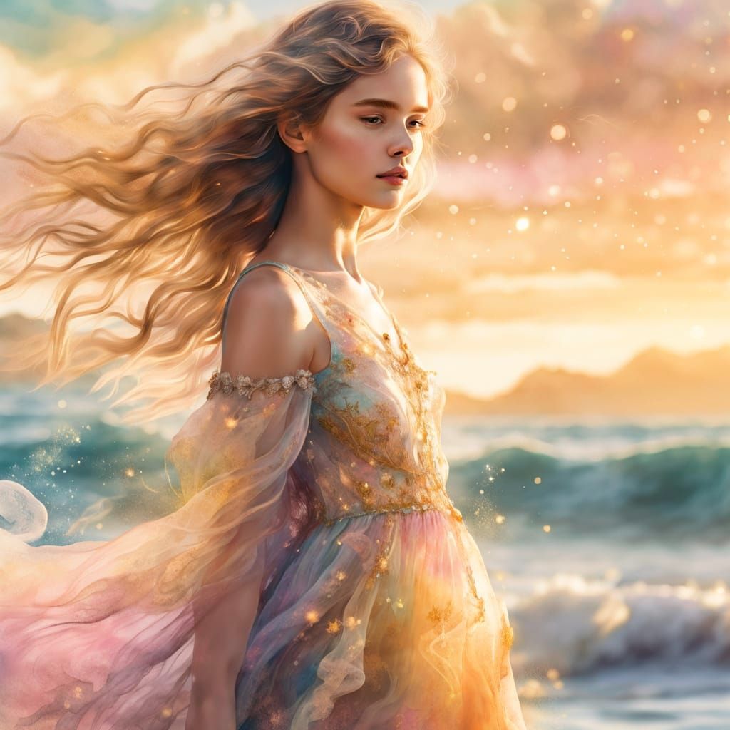 Dreamy Shoreline Scene in Watercolor Style