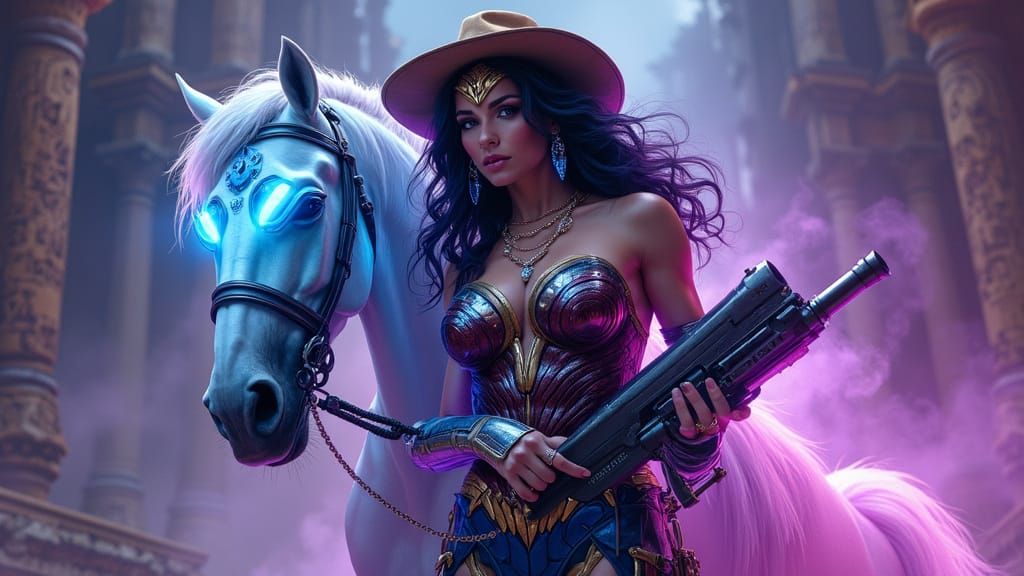 Cyberpunk Warrior Woman in Neon-Lit Cityscape