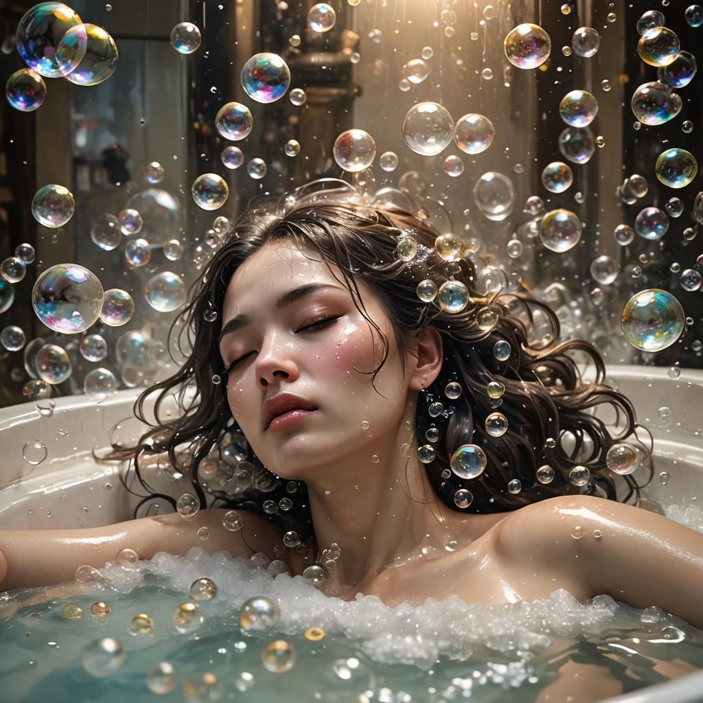 Hyperrealistic Bathing Beauty with Soap Bubbles