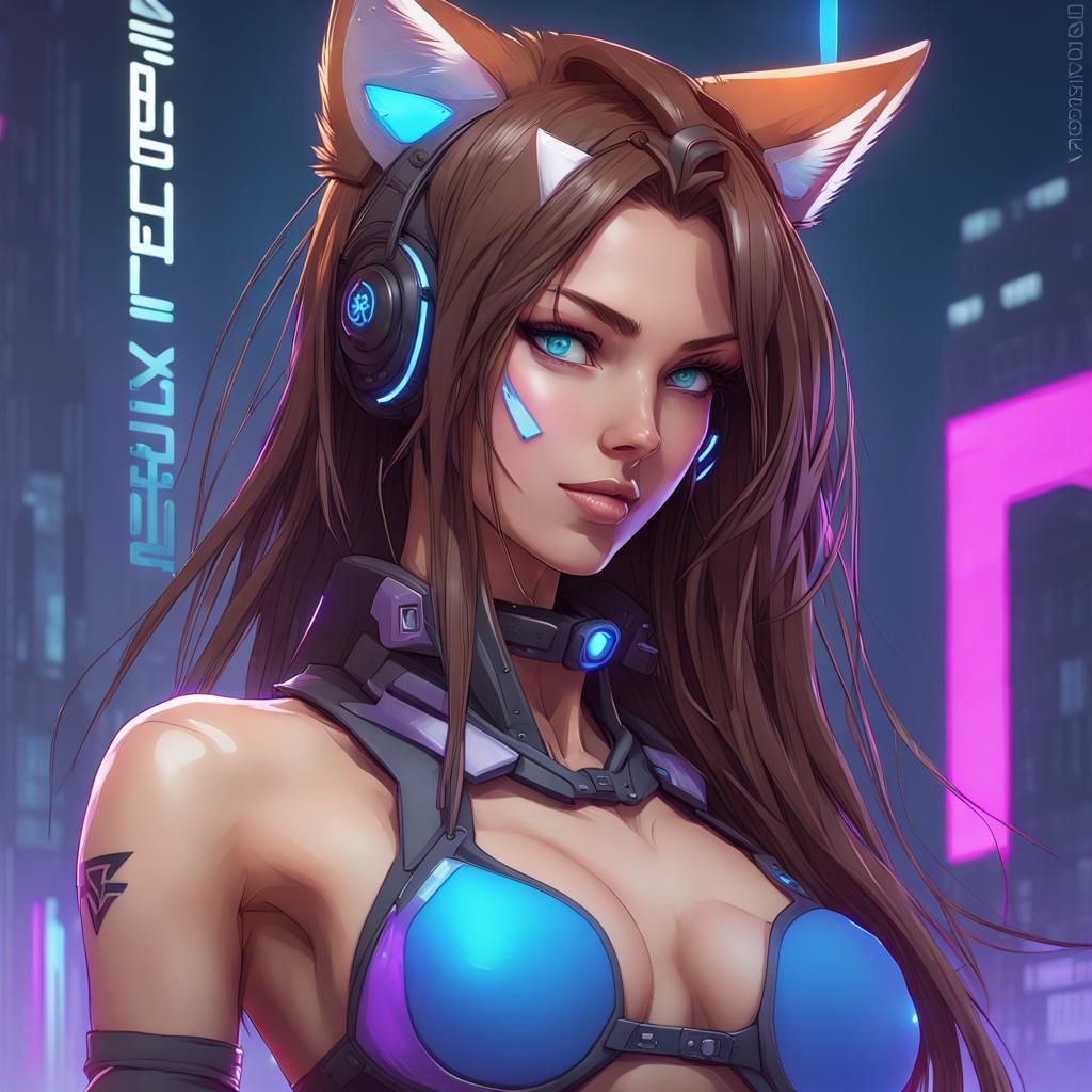 Cyberpunk Anime Fox Girl in Violet Bikini
