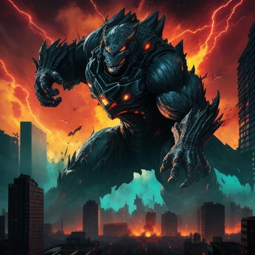 Titan-Class MUTO in Ruined Cityscape, Comic Book Art