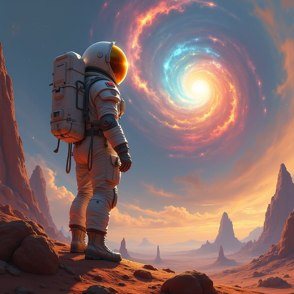 Astronaut Gazing at Nebula on Alien Planet