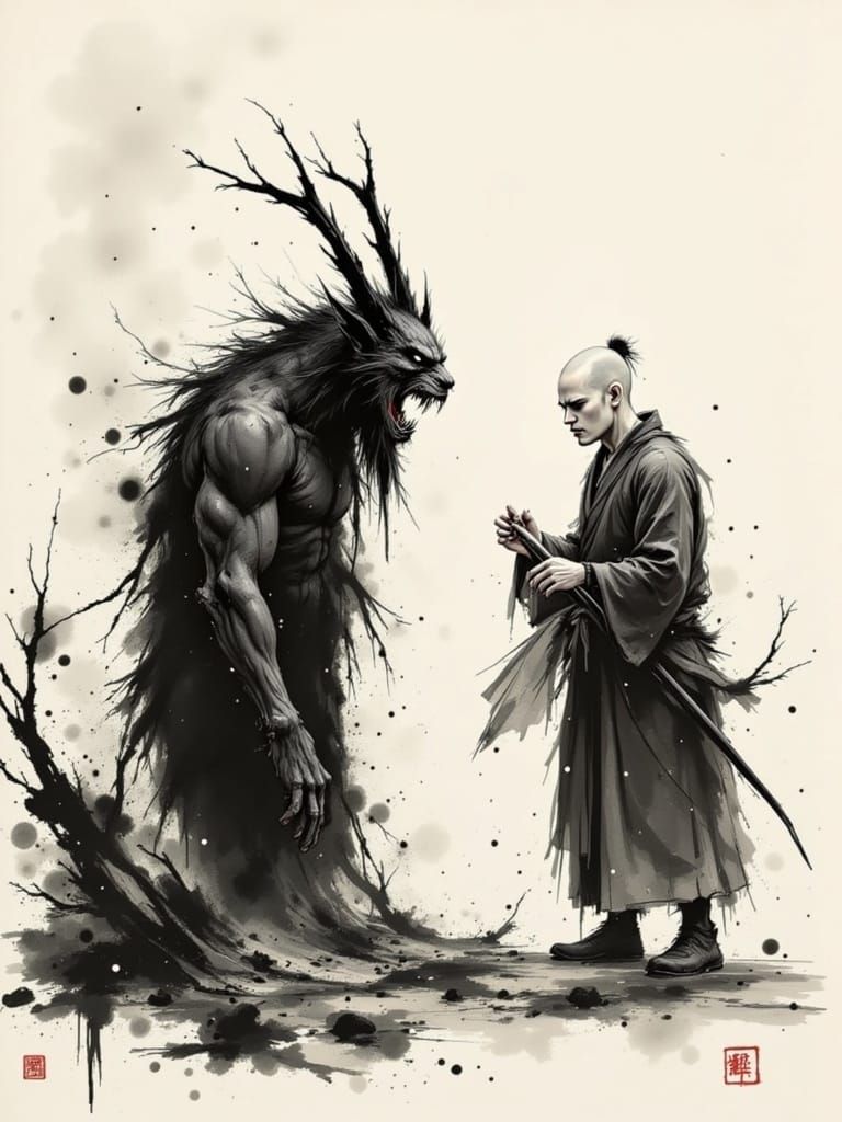 Surreal Encounter Between a Wise Monk and a Frightened Demon...