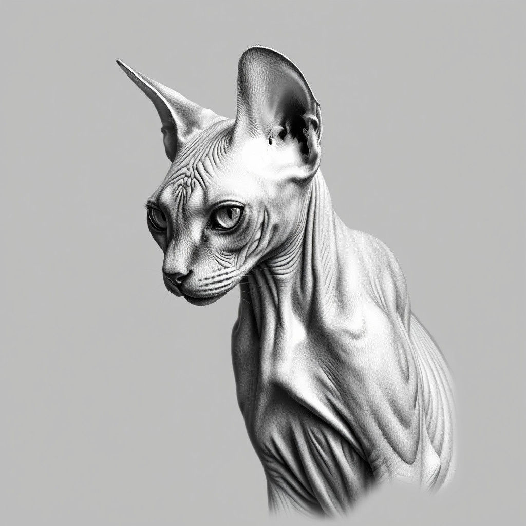 Hyperrealistic Charcoal Drawing of a Sphynx Cat