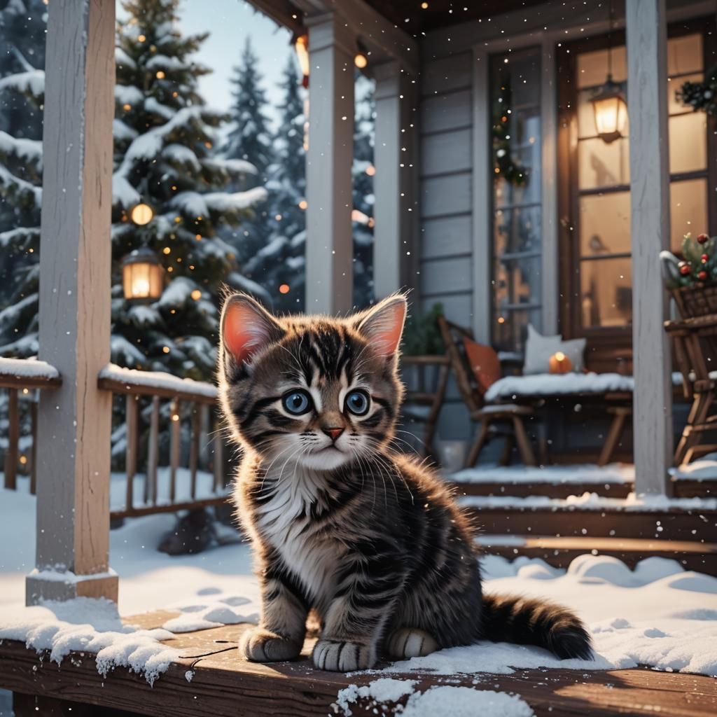 Cute Kitten on Snowy Christmas Porch
