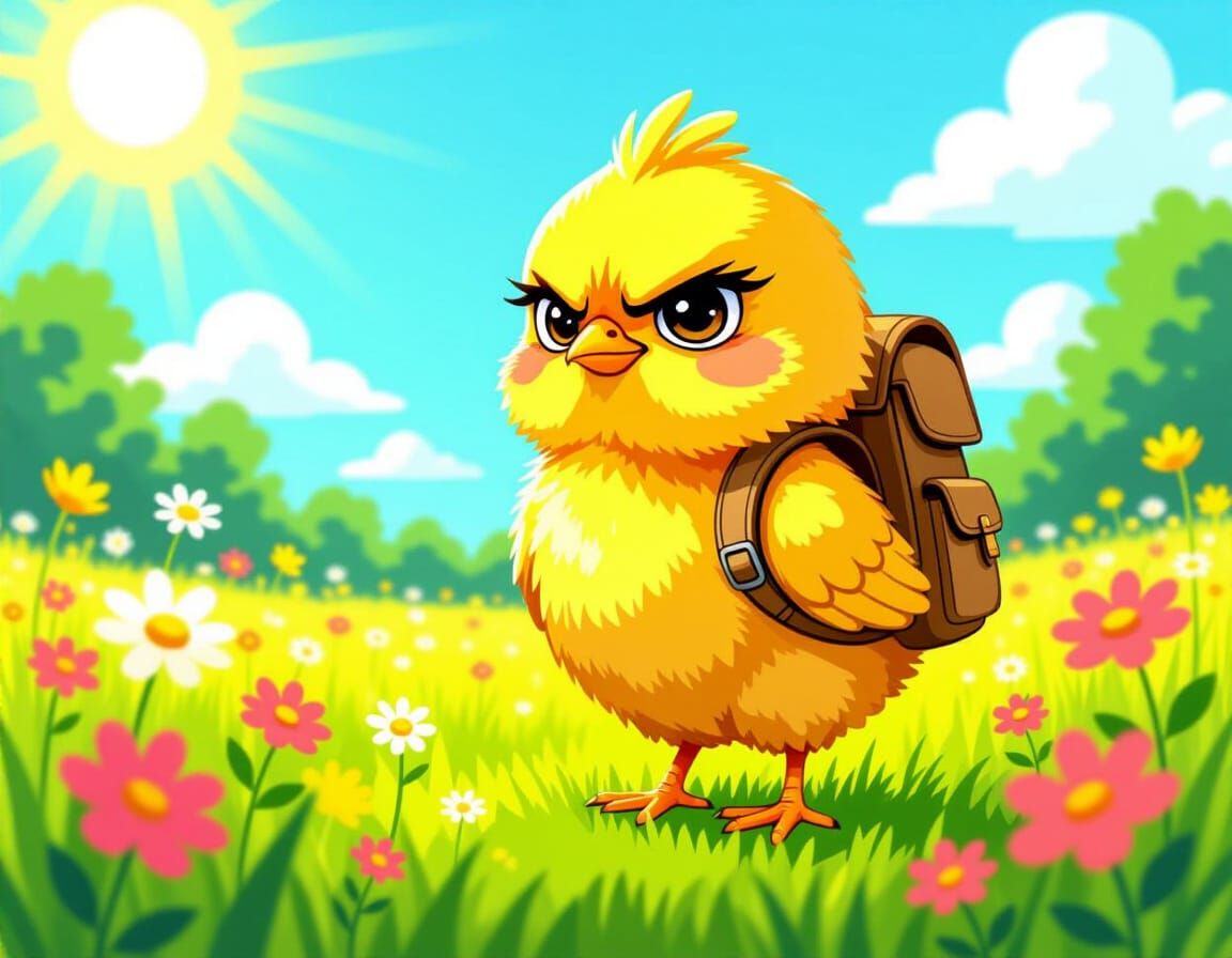 Grumpy Chick with Backpack in Sunny Meadow