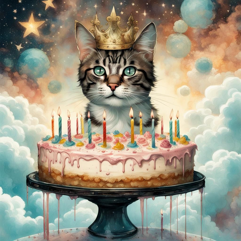 Cat's Birthday Celebration: Digital Art in Splash Art Style