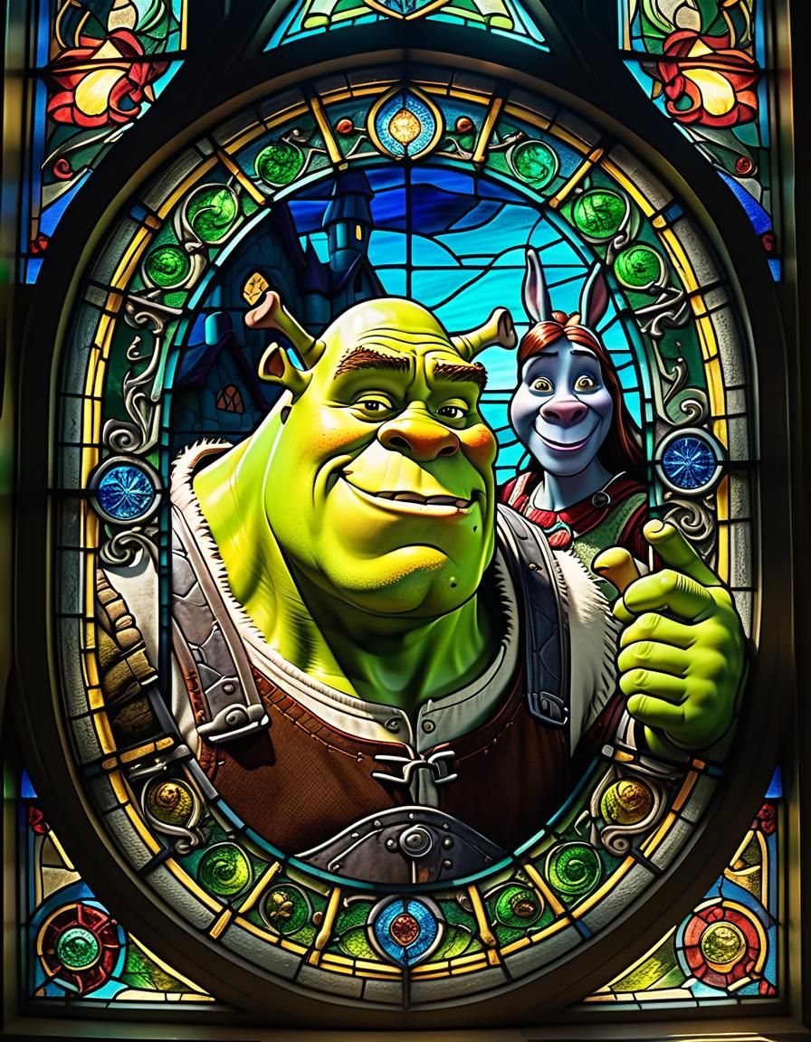 Stained Glass Portrait of Shrek, Fiona, and Donkey