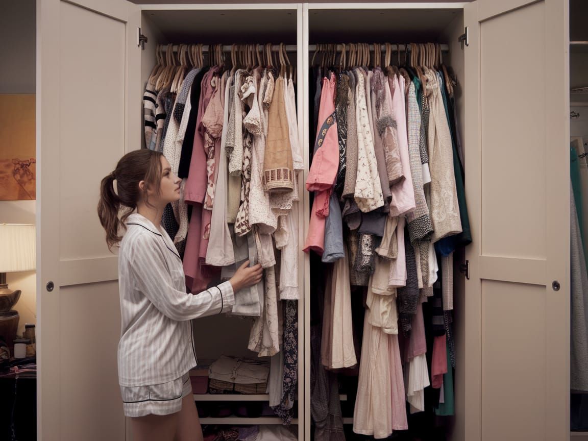 Young Woman in Front of a Colorful Wardrobe in Soft Lighting