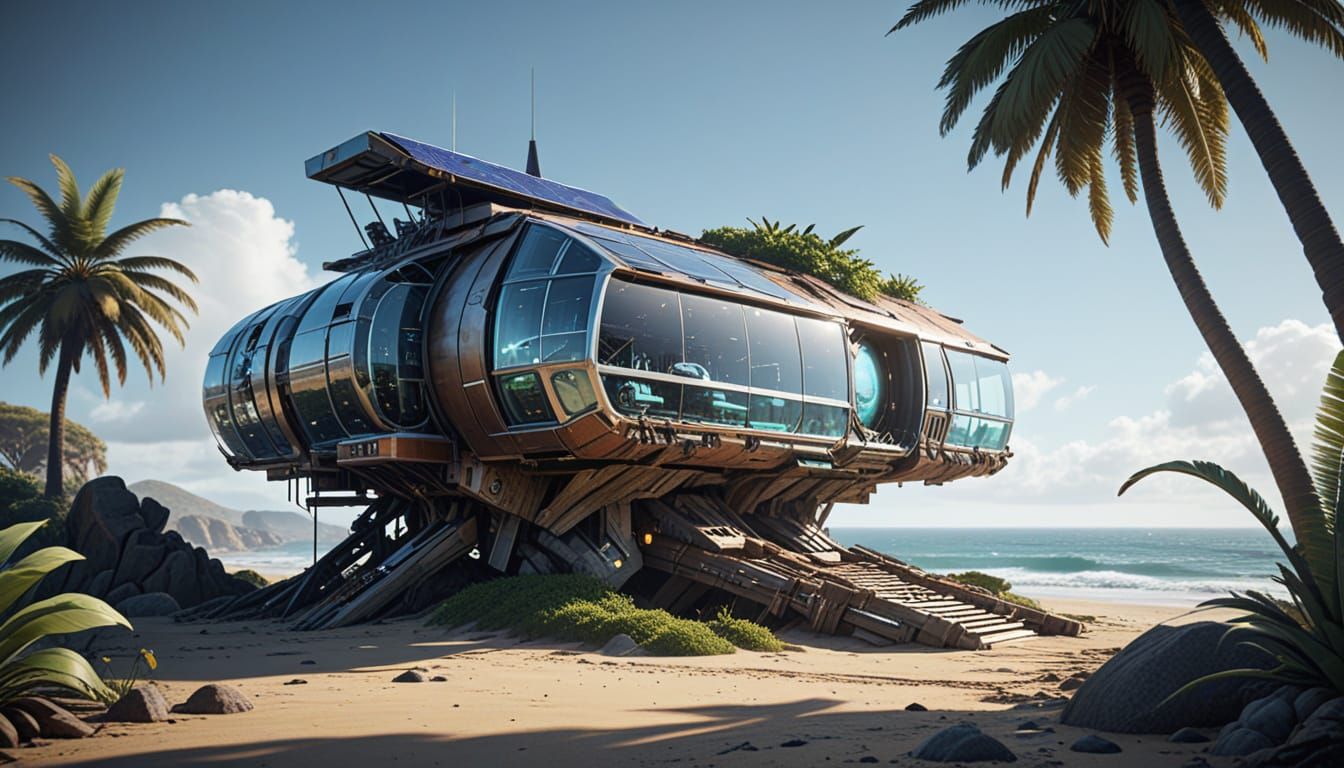 Solarpunk Cottage on Beach with Mech Details
