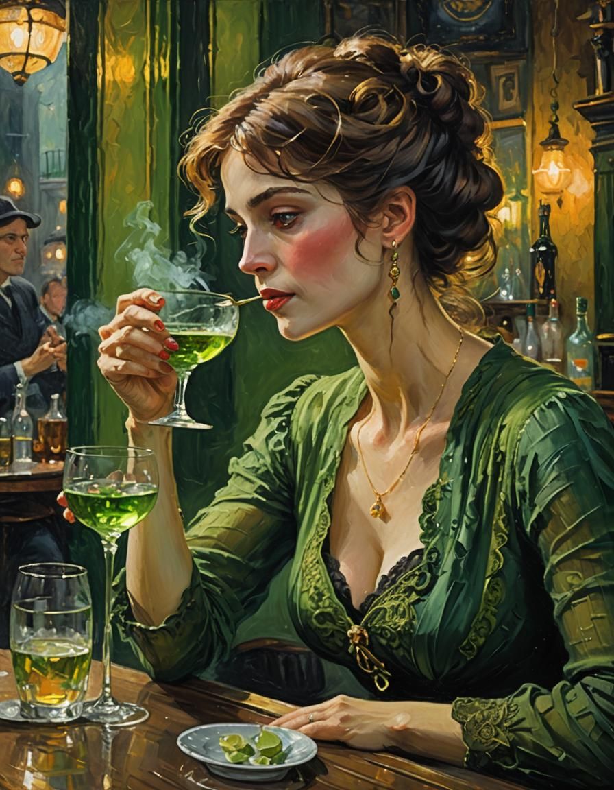 Belle Epoque Woman Sipping Absinthe: Impressionist Oil Paint...