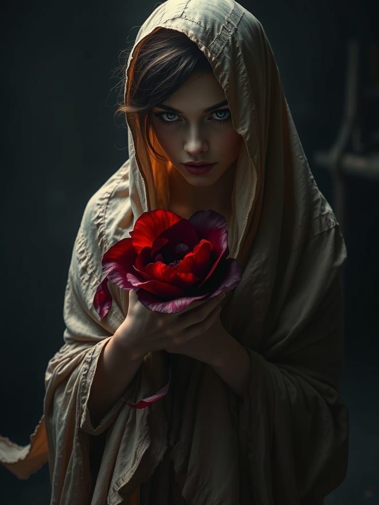 Dreamlike Goddess in Void with Crimson Flower