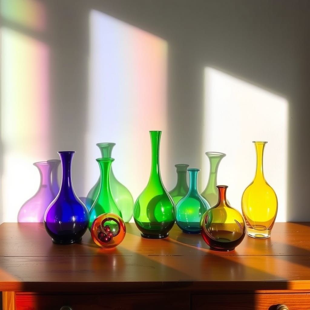 Glass objects casting rainbow shadows.
