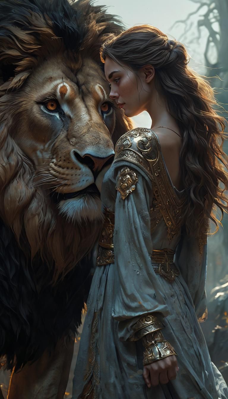 Woman Faces Lion in Dramatic Fantasy Scene