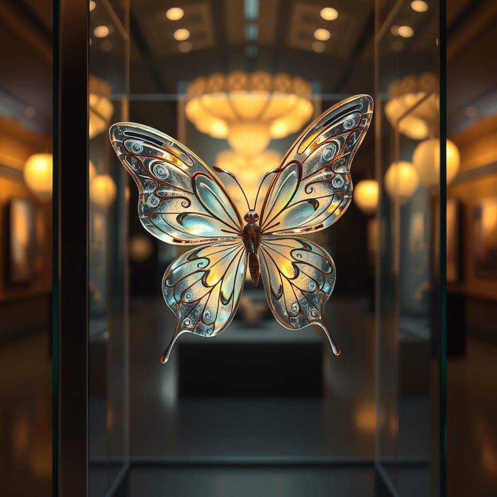 Iridescent Glass Butterfly in Museum Display