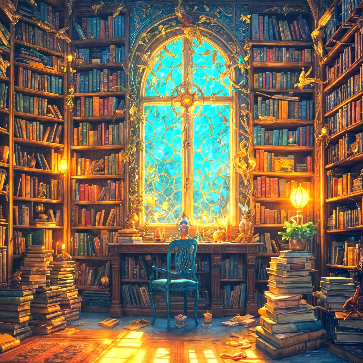 Whimsical Secret Library Filled with Magical Tomes and a Del...