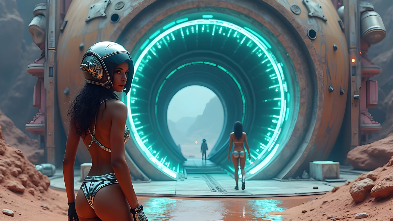 Futuristic Martian Outpost with Astronaut in Neon Glow