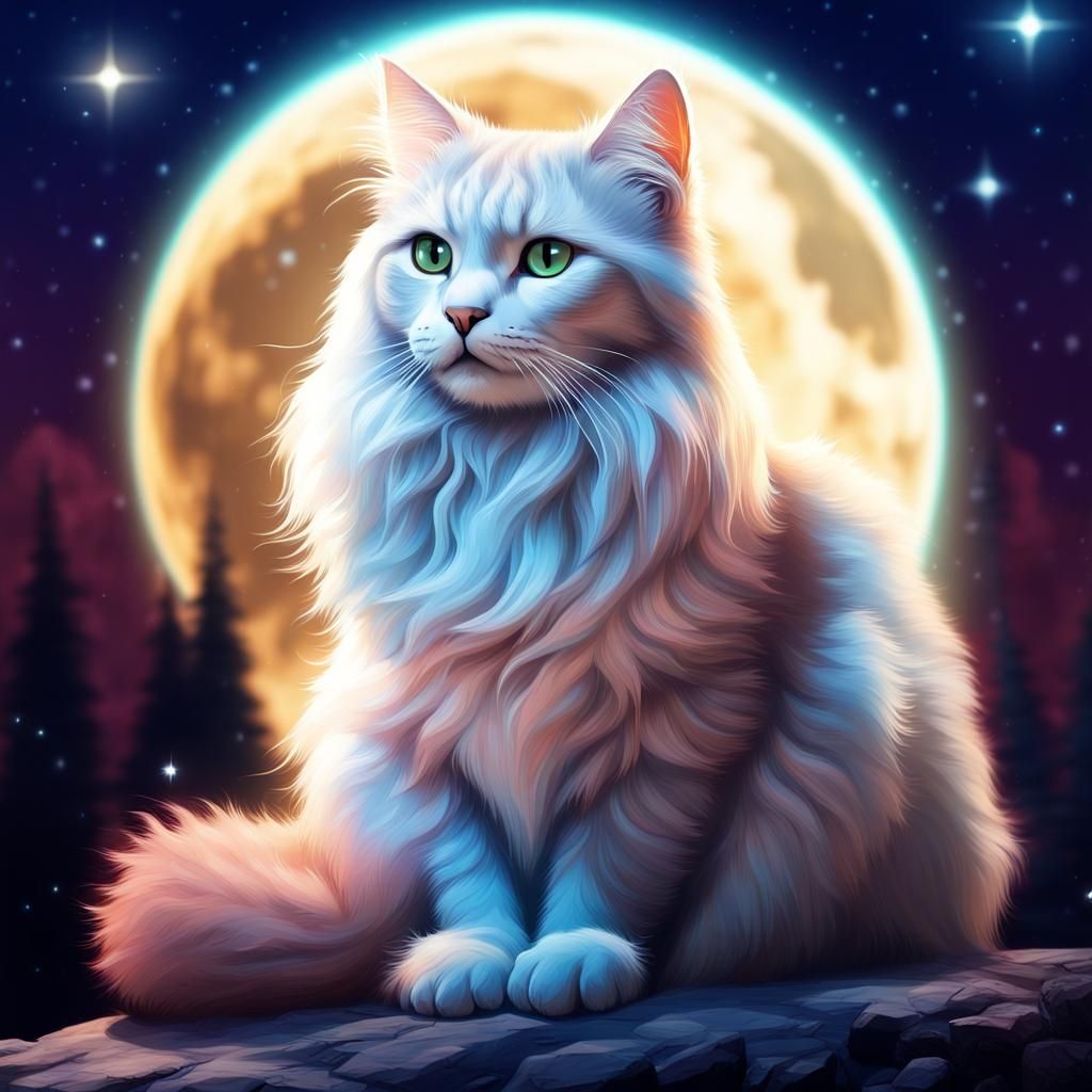 Wizardly Cat Gazing at Starry Night Sky